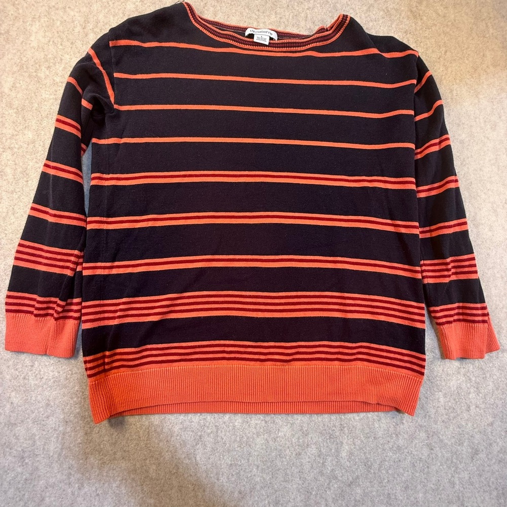 Liz Claiborne Womens Striped Crew Neck Sweater Navy Orange Red Cotton Blend L‎